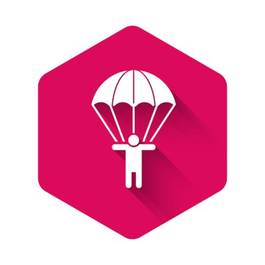 Beyaz Paraşüt ve siluet insan simgesi uzun gölgeli izole edilmiş. Pembe altıgen düğmesi. Vektör İllüstrasyonu