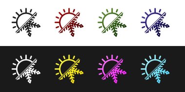 Sıcak ve soğuk sembolü ayarlayın. Güneş ve kar tanesi simgesi siyah ve beyaz arka plan üzerinde izole. Kış ve yaz sembolü. Vektör İllüstrasyonu