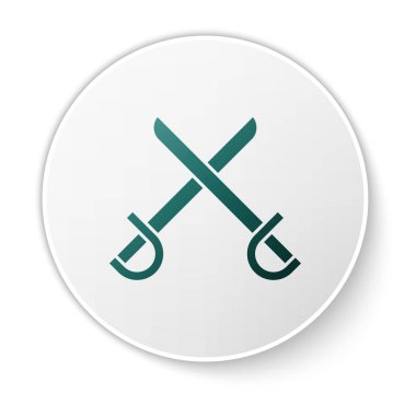 Yeşil Çapraz Korsan Kılıçları simgesi beyaz arka planda izole edildi. Kılıç işareti. Beyaz daire düğmesi. Vektör İllüstrasyonu