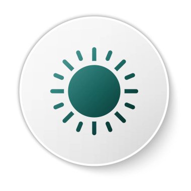 Yeşil Güneş simgesi beyaz arka plan üzerinde izole. Beyaz daire düğmesi. Vektör İllüstrasyonu