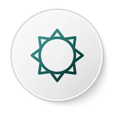 Yeşil Güneş simgesi beyaz arka plan üzerinde izole. Beyaz daire düğmesi. Vektör İllüstrasyonu