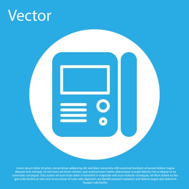 Mavi Ev dahili iletişim sistemi simgesi mavi arkaplanda izole edildi. Beyaz daire düğmesi. Vektör İllüstrasyonu