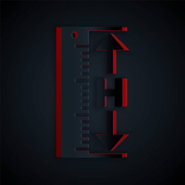 Kağıt kesiği. Siyah arkaplanda izole edilmiş boy ve uzunluk simgesi. Cetvel, düzlük, ölçek sembolü. Kağıt sanatı tarzı. Vektör İllüstrasyonu