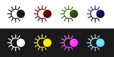 Güneş tutulması simgesini siyah beyaz arkaplanda izole et. Tam sonar tutulması. Vektör İllüstrasyonu