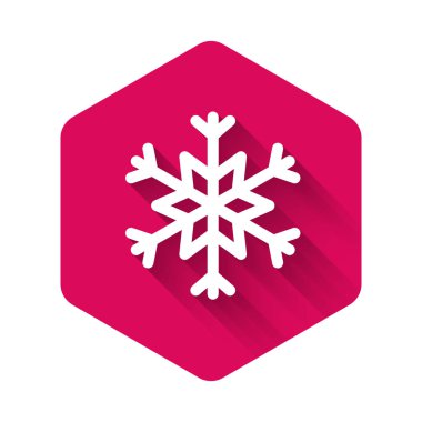 Beyaz Kar Tanesi simgesi uzun gölgeli izole edilmiş. Pembe altıgen düğmesi. Vektör İllüstrasyonu