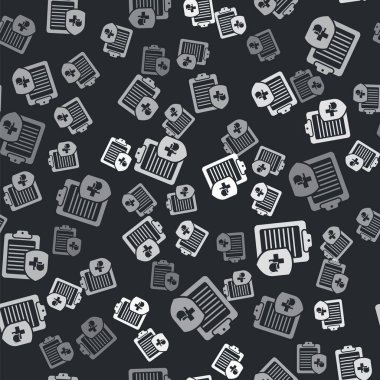 Tıbbi kayıt simgesine sahip gri pano siyah arka planda kusursuz desen izole etti. Sağlık sigortası formu. Tıbbi kontrol işaretleri raporu. Vektör İllüstrasyonu