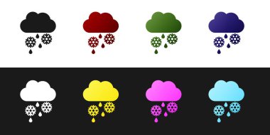 Bulut 'u kar, yağmur ve ay ikonu ile siyah beyaz arka planda izole et. Hava durumu simgesi. Vektör İllüstrasyonu