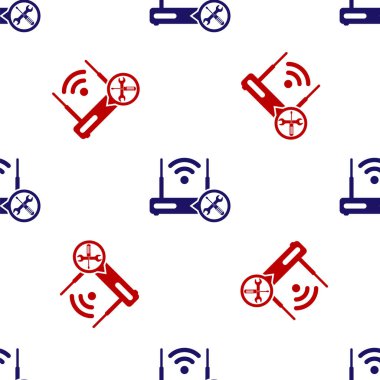 Mavi ve kırmızı Router wi-fi ile tornavida ve anahtar ikonu beyaz arka planda izole edilmiş pürüzsüz desen. Ayarlama, servis, ayar, bakım, onarım, onarım. Vektör İllüstrasyonu