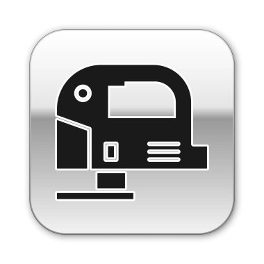 Beyaz zemin üzerinde çelik keskin bıçak ikonu olan siyah elektrikli yapboz. Ahşap işçiliği için elektrikli alet. Gümüş kare düğme. Vektör İllüstrasyonu