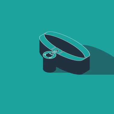 Yeşil arka planda isim etiketi simgesi olan Isometric Cat tasması. Evcil hayvanlar için basit malzemeler. Kedi köpek bakımı. Kedi zincirleri. Vektör İllüstrasyonu