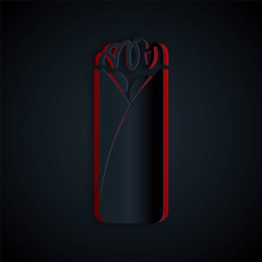 Kağıt kesiği Burrito simgesi siyah arkaplanda izole edildi. Geleneksel Meksika fast food 'u. Kağıt sanatı tarzı. Vektör İllüstrasyonu