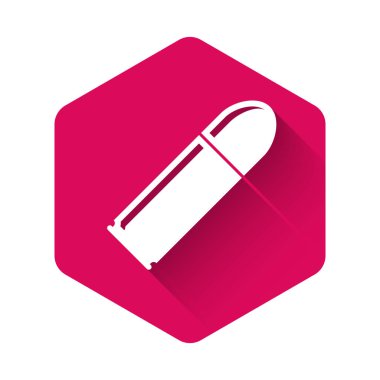 Beyaz Kurşun ikonu uzun gölgeli. Pembe altıgen düğmesi. Vektör İllüstrasyonu