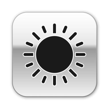 Siyah Güneş simgesi beyaz arka plan üzerinde izole. Gümüş kare düğme. Vektör İllüstrasyonu