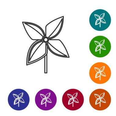 Beyaz arka planda gri çizgi fırıldak simgesi izole edildi. Yel değirmeni oyuncak ikonu. Simgeleri renk daire düğmelerine ayarla. Vektör İllüstrasyonu