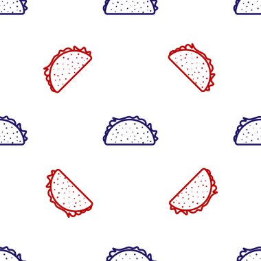 Tortilla ikonlu mavi ve kırmızı Taco beyaz arka planda izole edilmiş kusursuz desen. Geleneksel Meksika fast food 'u. Vektör İllüstrasyonu