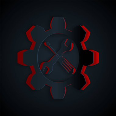 Kağıt kesiği Bakım sembolü - siyah arka planda izole edilmiş dişli ikonunda anahtar ve tornavida. Servis aracı sembolü. Kağıt sanatı tarzı. Vektör İllüstrasyonu