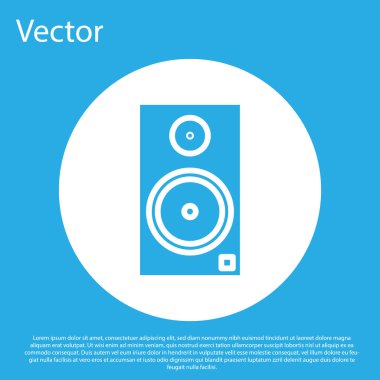 Mavi Stereo hoparlör ikonu mavi arkaplanda izole edildi. Ses sistemi hoparlörleri. Müzik ikonu. Müzikal sütun hoparlörü. Beyaz daire düğmesi. Vektör İllüstrasyonu
