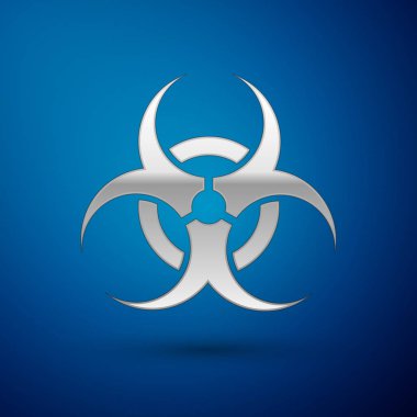 Gümüş Biyolojik Tehlike sembolü mavi arka planda izole edilmiş. Vektör İllüstrasyonu
