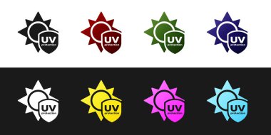 Siyah beyaz arkaplanda UV koruma simgesini ayır. Güneş ve kalkan. Ultra menekşe ışınları radyasyon. Güneş ışığı işareti. Vektör İllüstrasyonu