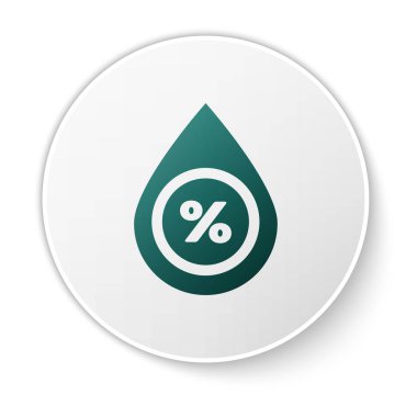 Yeşil Su bırakma yüzdesi simgesi beyaz arkaplanda izole edildi. Nem analizi. Beyaz daire düğmesi. Vektör İllüstrasyonu