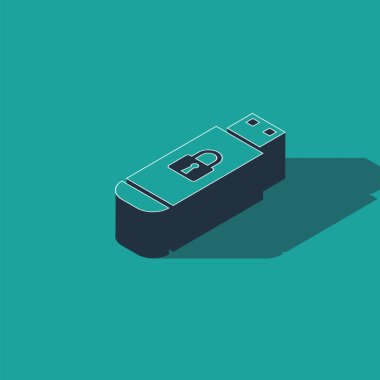 Yeşil arkaplanda kapalı asma kilit simgesine sahip Isometric Usb flash diski. Güvenlik, güvenlik, koruma kavramı. Vektör İllüstrasyonu