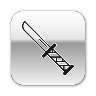 Beyaz arka planda siyah askeri bıçak ikonu var. Gümüş kare düğme. Vektör İllüstrasyonu