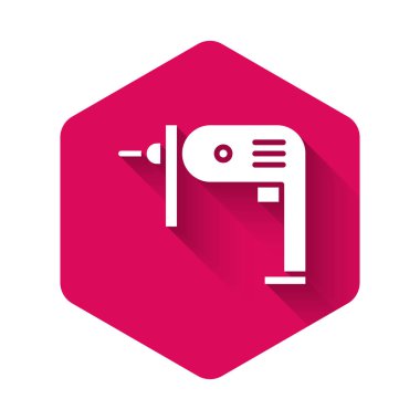 Beyaz Elektrikli matkap ikonu uzun gölgeli izole edilmiş. Tamir aleti. Pembe altıgen düğmesi. Vektör İllüstrasyonu