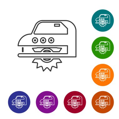 Beyaz zemin üzerinde çelik dişli disk ikonu olan gri çizgili elektrikli elektrikli testere. Tahta ya da metal kesmek için elektrikli el aleti. Simgeleri renk daire düğmelerine ayarla. Vektör İllüstrasyonu