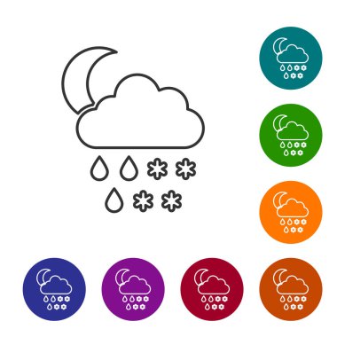 Beyaz zemin üzerinde kar, yağmur ve ay ikonu olan gri çizgi bulutu. Hava durumu simgesi. Simgeleri renk daire düğmelerine ayarla. Vektör İllüstrasyonu