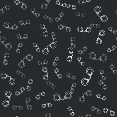 Gri tüylü tüylü kelepçe ikonu siyah arka planda izole edilmiş pürüzsüz desen. Kürklü kelepçeler. Fetiş aksesuarı. Sadist ve mazoşist için seks dükkanı malzemeleri. Vektör İllüstrasyonu