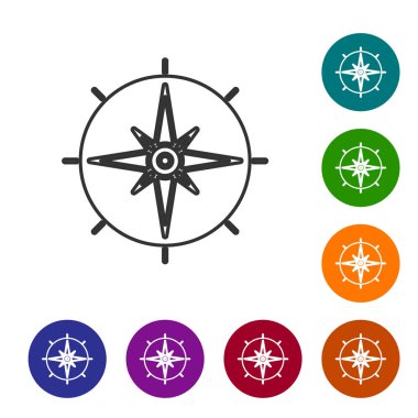 Gri çizgi rüzgar gül ikonu beyaz arka planda izole. Seyahat için pusula simgesi. Navigasyon tasarımı. Simgeleri renk daire düğmelerine ayarla. Vektör İllüstrasyonu