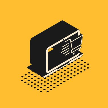 Ekran dizüstü bilgisayarındaki Isometric alışveriş arabası sarı arkaplanda izole edilmiş. Konsept e-ticaret, e-ticaret, online iş pazarlama. Vektör İllüstrasyonu
