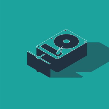 Yeşil arkaplanda izole edilmiş ağ simgesini paylaşan Isometric Hard disk sürücüsü. Vektör İllüstrasyonu
