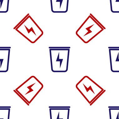 Çöp tenekesi simgesine sahip mavi ve kırmızı Şimşek beyaz arka planda kusursuz desen izole etti. Enerjiyi boşa harcamak. Çöp kutusu tabelası. Geri dönüşüm sepeti işareti. Vektör İllüstrasyonu