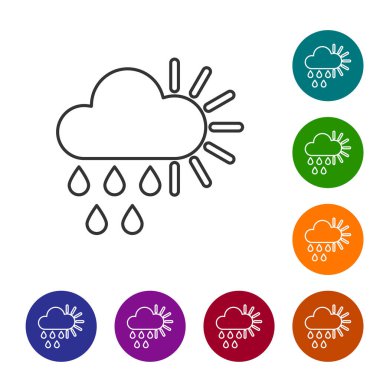 Gri çizgi bulutlu, yağmurlu ve beyaz arka planda izole edilmiş güneş ikonu. Yağmur damlaları ile yağmur bulutu yağışı. Simgeleri renk daire düğmelerine ayarla. Vektör İllüstrasyonu