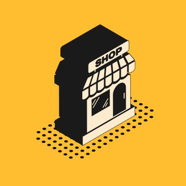 Isometric Alışveriş binası ya da market simgesi sarı arka planda izole edilmiş. Dükkan inşaatı. Vektör İllüstrasyonu