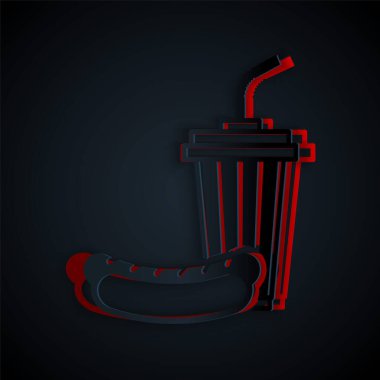 Kağıt kesiği Soda ve siyah arka planda izole edilmiş sosisli sandviç ikonu. Fast food sembolü. Kağıt sanatı tarzı. Vektör İllüstrasyonu