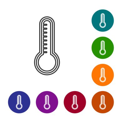 Gri çizgi Meteoroloji termometresi beyaz arka planda izole edilmiş ısı ve soğuk ikonu ölçüyor. Termometre termometresi sıcak ya da soğuk hava gösteriyor. Simgeleri renk daire düğmelerine ayarla. Vektör İllüstrasyonu