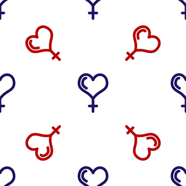 Blue and red Female gender symbol and heart icon isolated seamless pattern on white background. Venus symbol. The symbol for a female organism or woman.  Vector Illustration