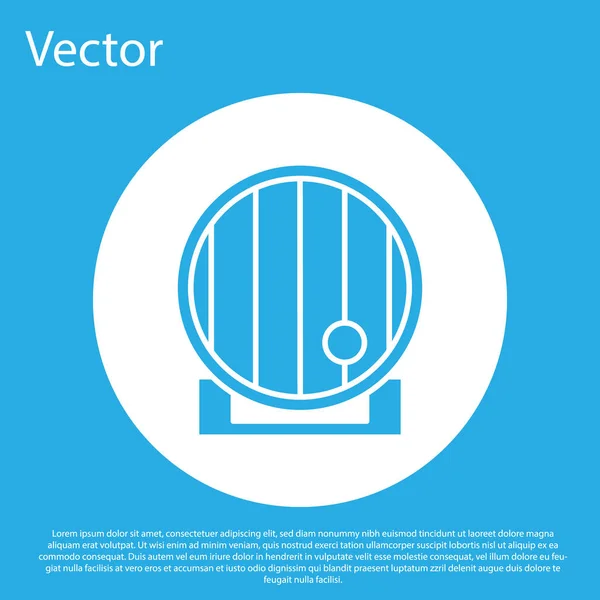 Ícone de barril de madeira azul isolado no fundo azul. Barril de álcool, recipiente de bebida, barril de madeira para cerveja, uísque, vinho. Botão de círculo branco. Ilustração vetorial — Vetor de Stock