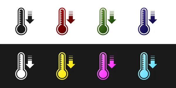 Встановіть метеорологічний термометр, що вимірює тепло і холодну ікону, ізольовані на чорно-білому тлі. Термометр обладнання, що показує гарячу або холодну погоду. Векторна ілюстрація — стоковий вектор