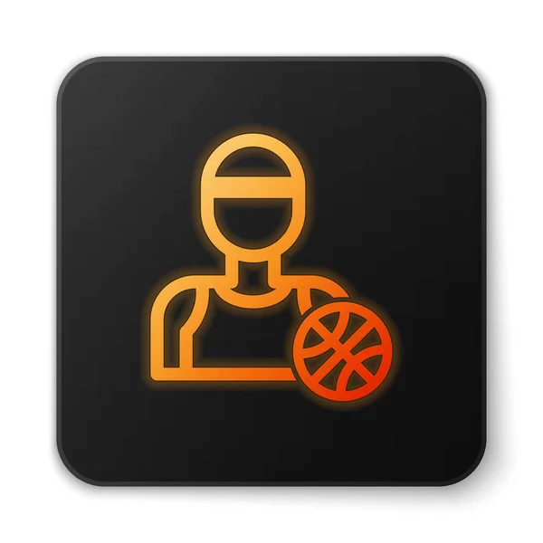 Laranja brilhante neon ícone jogador de basquete isolado no fundo branco. Botão quadrado preto. Ilustração vetorial —  Vetores de Stock