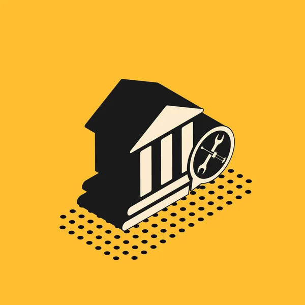 Isometrisk Bank byggnad med skruvmejsel och skiftnyckel ikon isolerad på gul bakgrund. Justering, service, inställning, underhåll, reparation, fixering. Vektor Illustration — Stock vektor