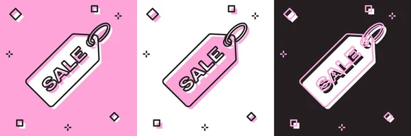 Definir Preço tag com uma inscrição Ícone de venda isolado em rosa e branco, fundo preto. Distintivo por preço. Desconto de marca promocional. Ilustração vetorial — Vetor de Stock