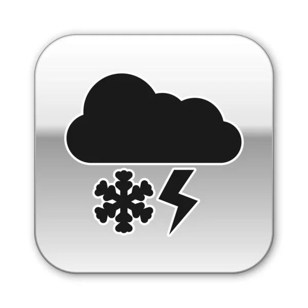 Nuvola Nera con icona di neve e fulmini isolata su sfondo bianco. Nuvola con fiocchi di neve. Icona del tempo singolo. Segno di neve. Pulsante quadrato argento. Illustrazione vettoriale — Vettoriale Stock
