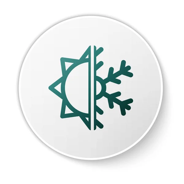 Vert Symbole chaud et froid. Icône soleil et flocon de neige isolée sur fond blanc. Symbole d'hiver et d'été. Bouton rond blanc. Illustration vectorielle — Image vectorielle