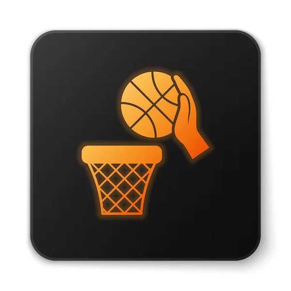 Orange glowing neon Hand with basketball ball and basket icon isolated on white background. Ball in basketball hoop. Black square button. Vector Illustration — Stock Vector