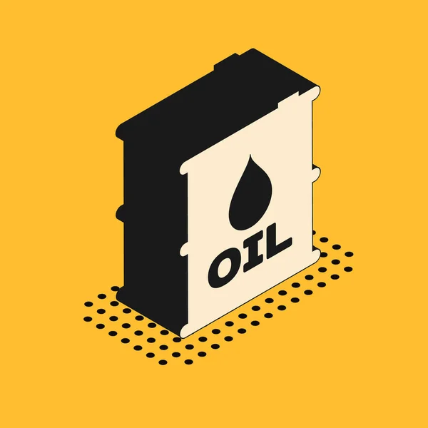 Ícone de barril de óleo isométrico isolado no fundo amarelo. Recipiente de óleo. Para infográficos, combustível, indústria, poder, ecologia. Ilustração vetorial —  Vetores de Stock