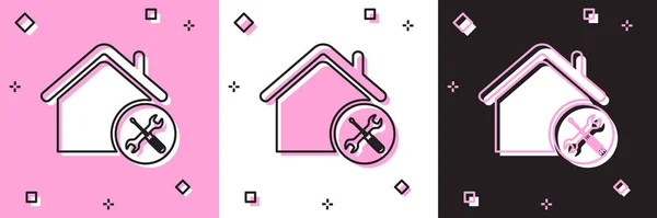 Definir casa ou casa com chave de fenda e ícone chave de fenda isolado em rosa e branco, fundo preto. Ajuste, serviço, configuração, manutenção, reparação, fixação. Ilustração vetorial —  Vetores de Stock