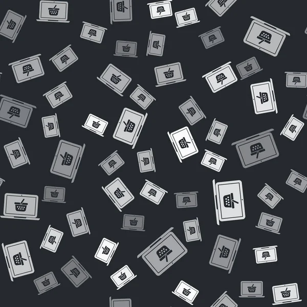 Cesta de compras gris en el icono de la computadora portátil de pantalla aislado patrón sin costuras sobre fondo negro. Concepto e-commerce, e-business, marketing online. Ilustración vectorial — Vector de stock